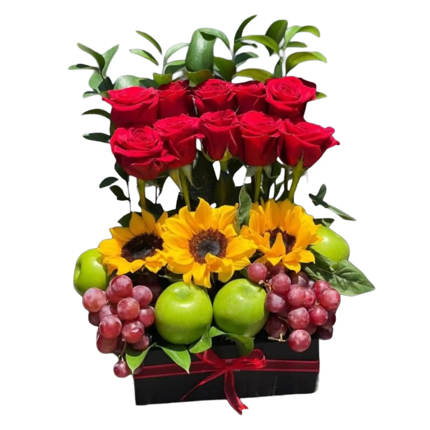 Ramo de rosas rojas con girasoles y frutas en Guayaquil - Floreria DIFIORI Guayaquil