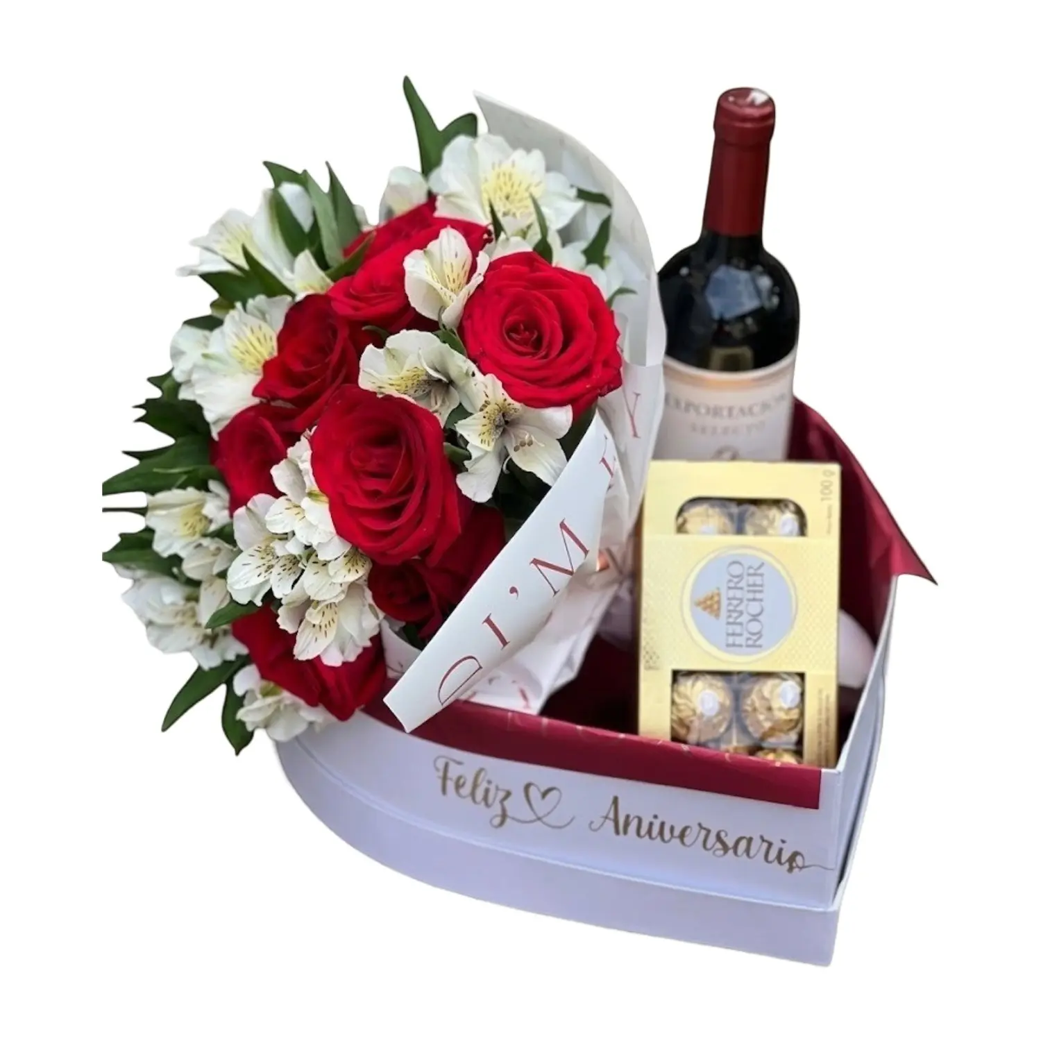 Ramo de flores para aniversario, con rosas rojas, vino, en Guayaquil. - Floreria DIFIORI Guayaquil