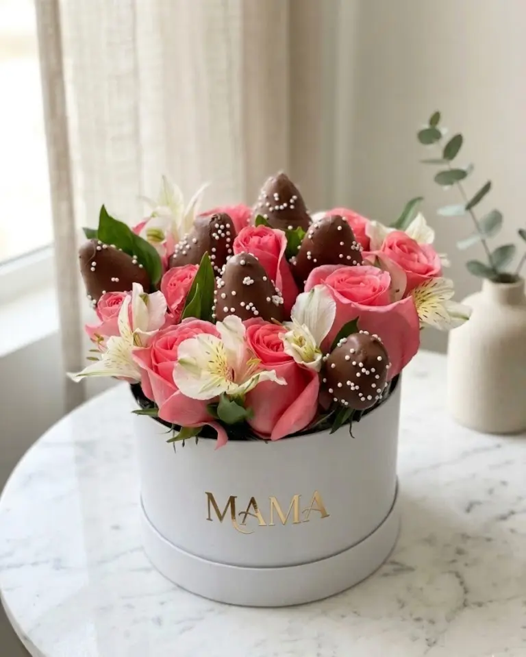 Flores para mamá con frutillas bañadas con chocolate en Guayaquil - Floreria DIFIORI Guayaquil